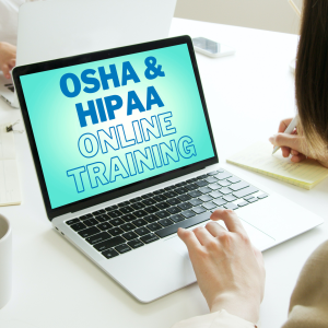 Woman using laptop with words 'OSHA & HIPAA online training' on screen